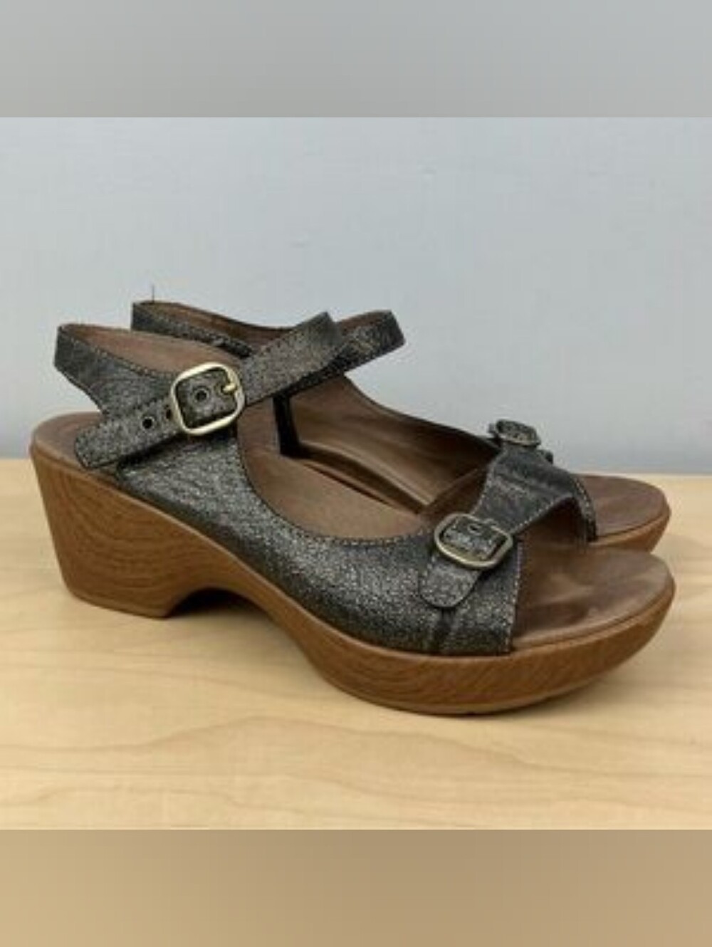 Dansko Joanie Wedge Sandal Pewter Gray Leather Comfort Adjustable Strap Sz 6.5